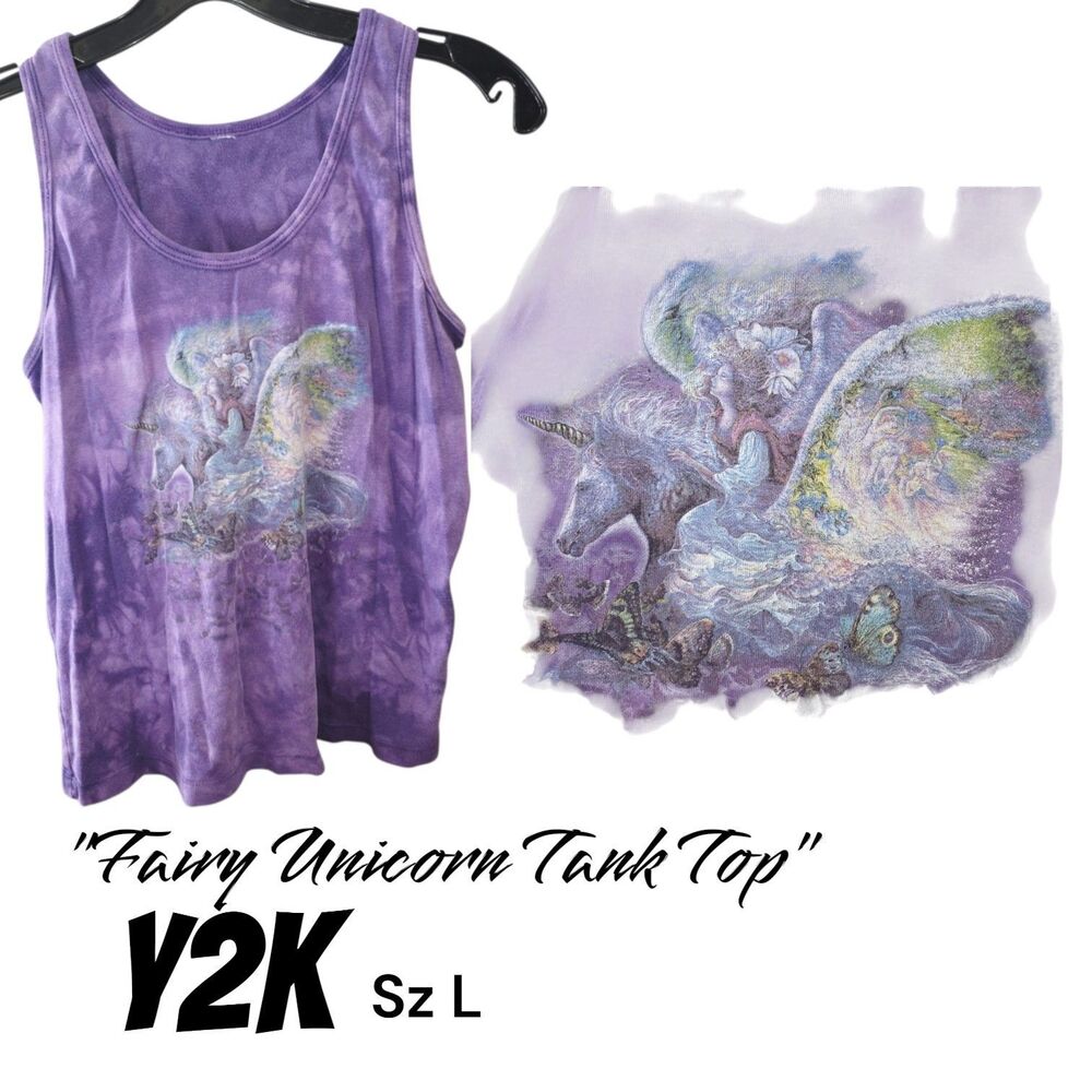 Vintage Y2K Sz L Fairy Unicorn Butterfly Whimsy Garden Tye Dye Purple Tank Top